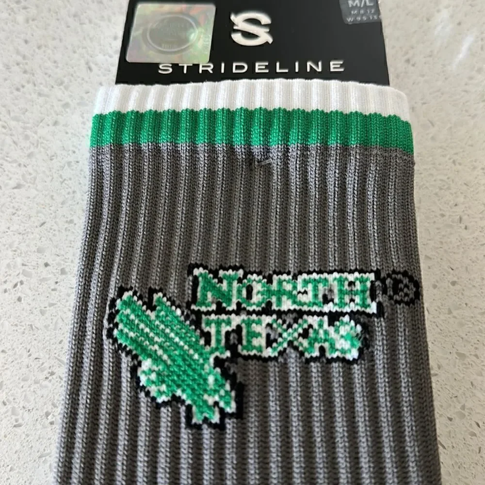 NWT University of North Texas Strideline Gray Socks M/L Knit Striped Crew Sports